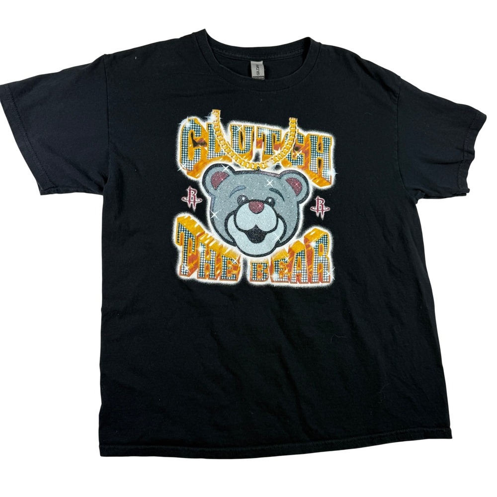 Gildan Houston Rockets Clutch The Bear Youth Large Black Graphic T-Shirt Y2K